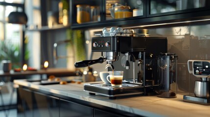 A modern espresso coffee machine in action, brewing a rich and aromatic coffee in a well-organized kitchen, with a cozy morning ambiance and stylish kitchen utensils.