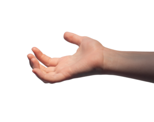 Hand palm, kids gesture, taking, grabbing, holding something invisible isolated on white background., transparent PNG