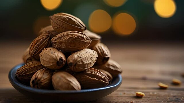 nutmeg nuts on wooden surface against bokeh background