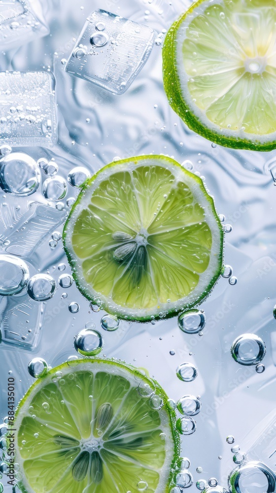 Poster fresh lime slices floating in sparkling water with ice cubes