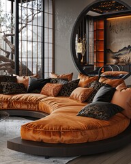 Modern Curved Sofa in Contemporary Living Room With Japanese Inspired Decor