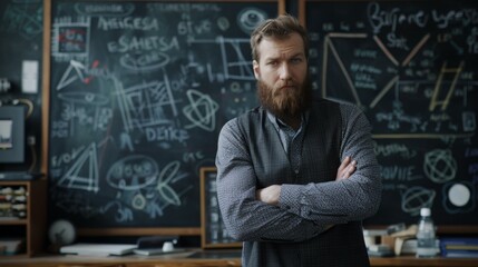 A bearded man standing confidently with crossed arms in front of a chalkboard filled with complex mathematical and scientific equations, representing knowledge and expertise.