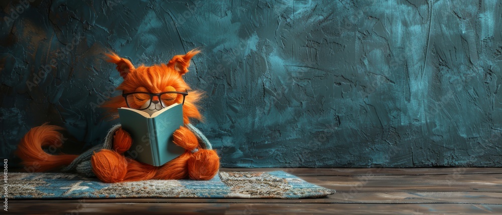 Canvas Prints  A red cat sits atop a rug, holding a book with its paws, engrossed in reading