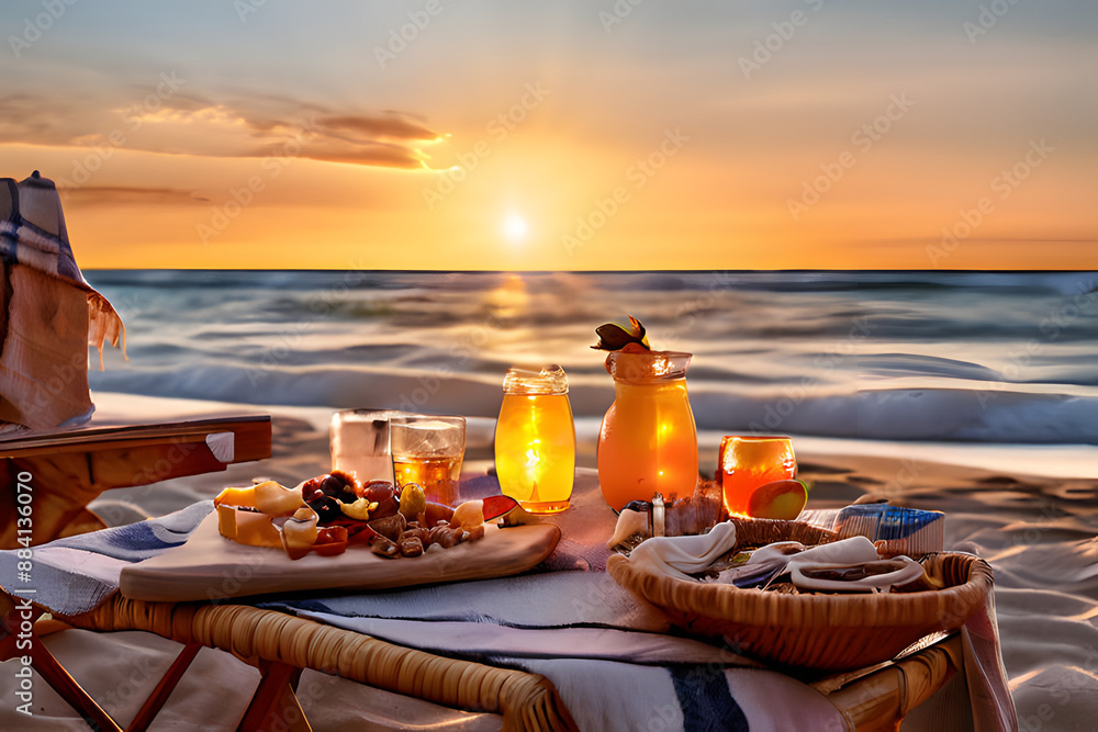 Wall mural A woven picnic basket overflows with goodies, spread out on a soft beach towel. Gentle waves kiss the shore as the sun dips below the horizon, casting a golden glow over this idyllic seaside retreat.