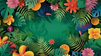 Tropical Floral Background with Vivid Colors and Paper Cut-Out Style Background