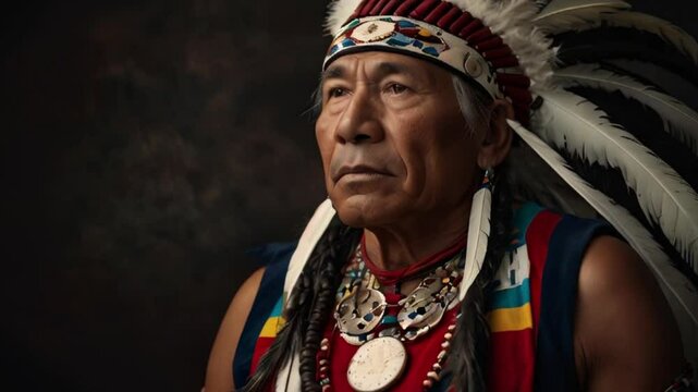Close-Up Portrait of a Native American Elder in Traditional Headdress