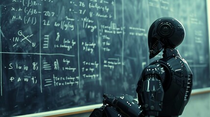 A robot in a classroom setting intensely examining a chalkboard filled with various complex mathematical formulas, symbolizing the intersection of robotics and education in a contemporary setting.