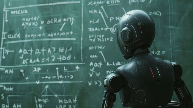 A futuristic scene showing a robot in a classroom environment, intently solving complex mathematical equations on an extensive chalkboard, merging technology with traditional education.