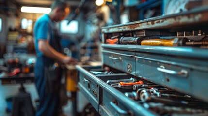 A mechanic focuses intently on his work in a well-organized workshop, surrounded by drawers and shelves filled with tools. The atmosphere signifies precision and dedication.