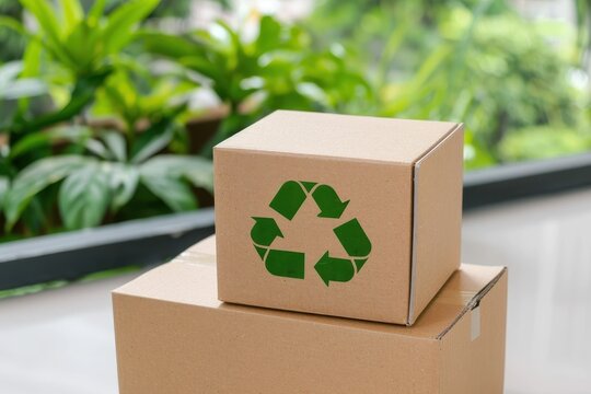 Stack of cardboard boxes with a recycling symbol, highlighting eco-friendly packaging and sustainable practices.