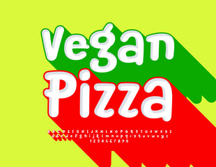 Vector bright advertisement Vegan Pizza for Cafe and Shop. Creative Red Font with Big Red Shadow. Funny 3D Alphabet Letters and Numbers set.