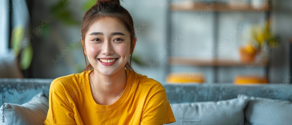 Sticker  A woman smiling in a yellow shirt sits on a couch, with a potted plant visible behind her