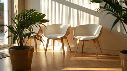 Fototapeta premium A hallway with a few white chairs and a potted plant