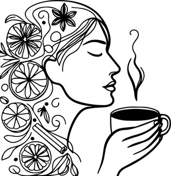 recommend clip art: girl drinks coffee in line art style for coffee shop design