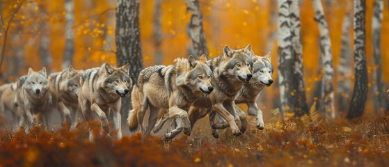  A pack of wolves runs through a forest, trees form a lush backdrop, yellow leaves scatter the foreground