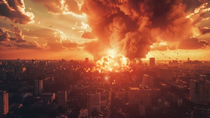 Fototapeta premium An explosion during sunset causes widespread devastation in a city, with intense flames and smoke billowing upward, creating an atmosphere of chaos, destruction, and emergency response.