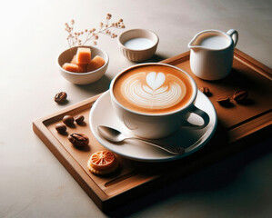 A white cup of cappuccino on a wooden background with appetizing foam. Photo for a menu in a cafe or restaurant