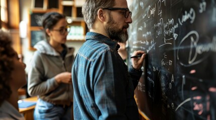 Obraz premium A teacher writes equations on a chalkboard in a classroom while students observe and discuss. The focus is on collaborative learning and detailed academic diagrams.