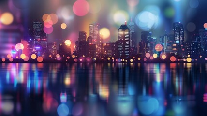 Fototapeta premium A dreamy night scene over a vibrant bokeh lights cityscape. A digital background or element of graphics, for Christmas, Birthday, anniversary party celebration wallpaper with copyspace.