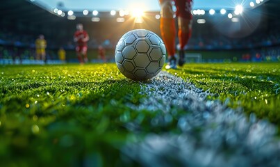 Fototapeta premium At the stadium, a soccer player dribbles with the ball.