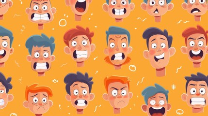 Seamless pattern of funny cartoon faces with different emotions on yellow background