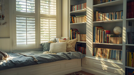 A small room with a lot of books and a teddy bear
