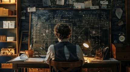 A person immersed in solving complex mathematical problems at their desk, surrounded by chalkboards filled with equations, diagrams, and notes, representing intellectual endeavor and curiosity.