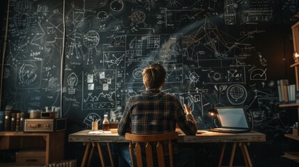A student engaged in studying advanced mathematics in a creative workspace filled with blackboards, papers, and equations, representing dedication, innovation, and academic rigor.