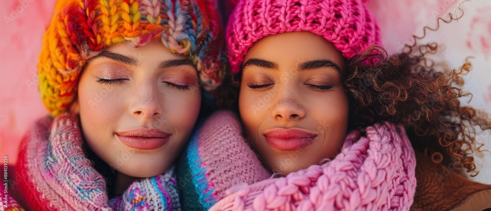 Poster two women recline together, donning knitted hats and scarves atop their heads