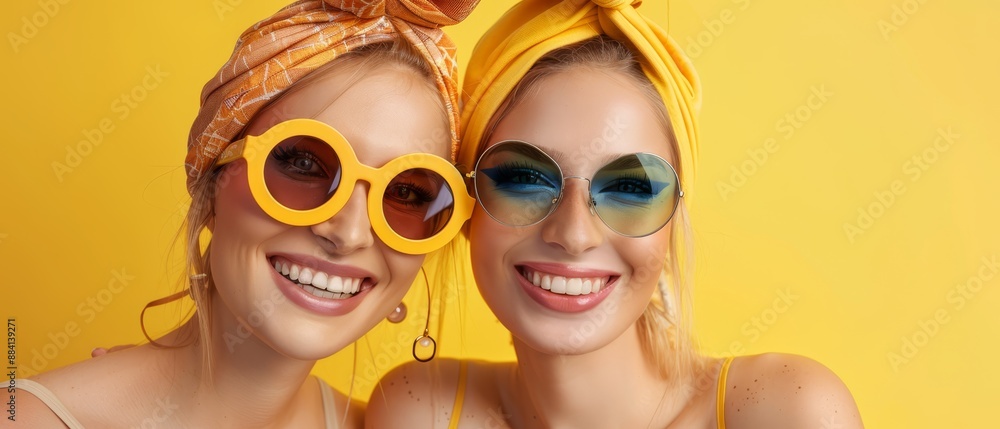 Poster  Two women standing before a yellow wall, donning circular sunglasses