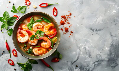 Tom Yam with shrimp, spicy Asian food in a bowl. Top view of a light gray marble table. Fish and seafood, chili pepper, cilantro, lime. Thai cuisine