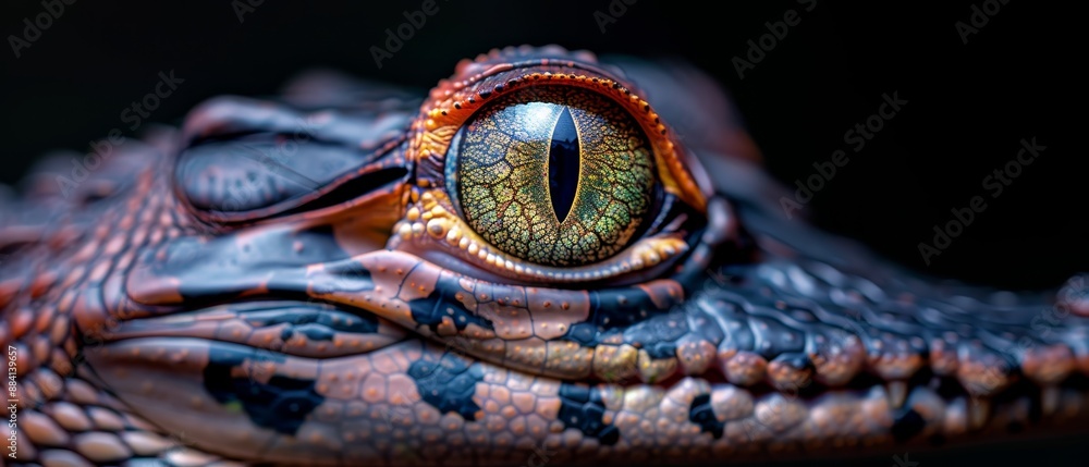 Poster  Close-up of a crocodile's eye against a black backdrop, showcasing intricate pattern on its body