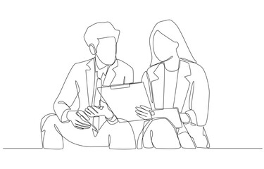 Continuous one line drawing of female office workers holding document to discuss work with male colleague, discussion of work concept, single line art.