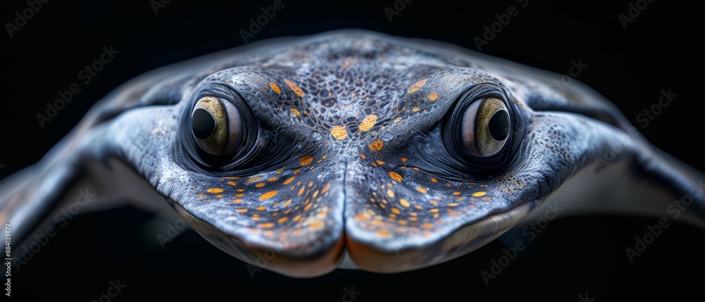 Sticker  Close-up of a sea turtle's face against black backdrop, featuring yellow eye spots