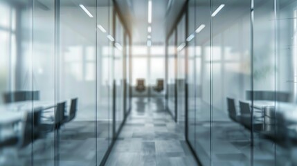 Fototapeta premium A modern office space with a bright corridor view through glass partitions, providing a sleek and professional atmosphere with a focus on transparency and openness.