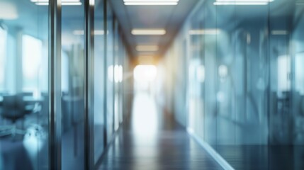 A sunlight-drenched office corridor with glass walls on either side, creating a bright and airy workspace that emphasizes a clean and modern design.