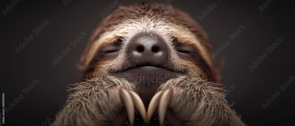 Wall mural  Close-up of a slotty bear's face with paws on cheeks against black backdrop