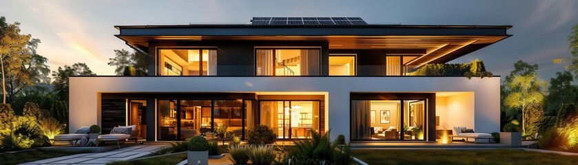 Sustainable living in a modern ecofriendly home, solar panels and green roofs, family enjoying a lowcarbon lifestyle together