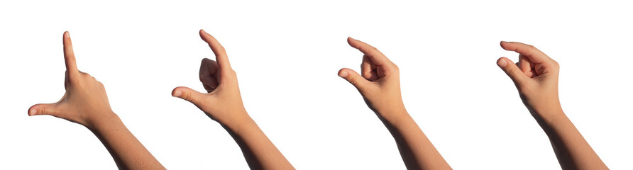 Kids childs hand gestures showing size from big to small. Holding something invisible, isolated on...