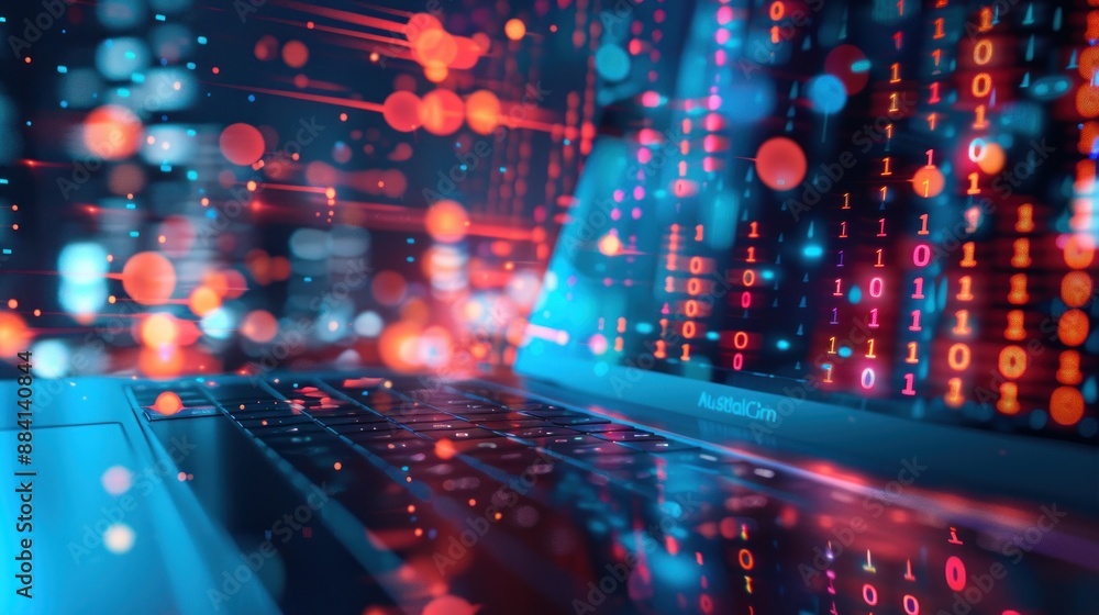 Poster binary code laptop with colorful lights