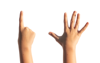 Kids hand counting one and five with little fingers isolated. Gestures for quantity, white background.