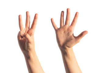 Kids hand counting three and five with little fingers isolated. Gestures for quantity, white background.