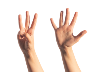 Kids hand counting three and five with little fingers isolated. Gestures for quantity, white background.