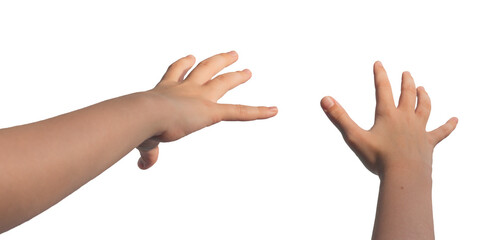 Kids hand gestures, stretching forward to catch, take something invisible. Fingers motion isolated...