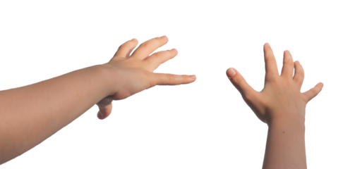 Kids hand gestures, stretching forward to catch, take something invisible. Fingers motion isolated on white background.