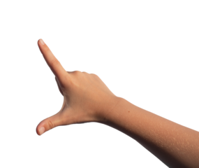 Kids hand holding something big huge invisible between two fingers, isolated on white background.