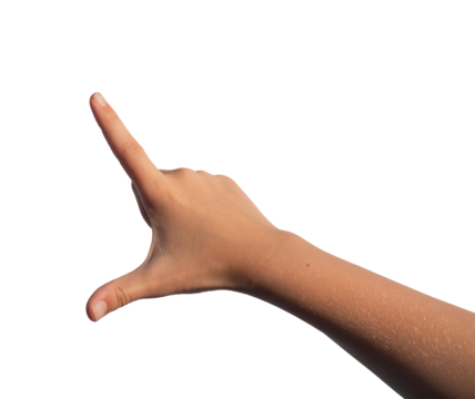 Kids hand holding something big huge invisible between two fingers, isolated on white background.