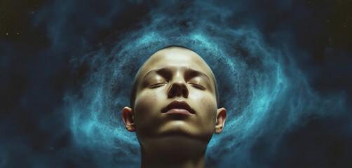 Conceptual depiction of a person absorbed in himself, reflecting with his thoughts on the origin of life in the universe, the meaning of its existence and the past and future