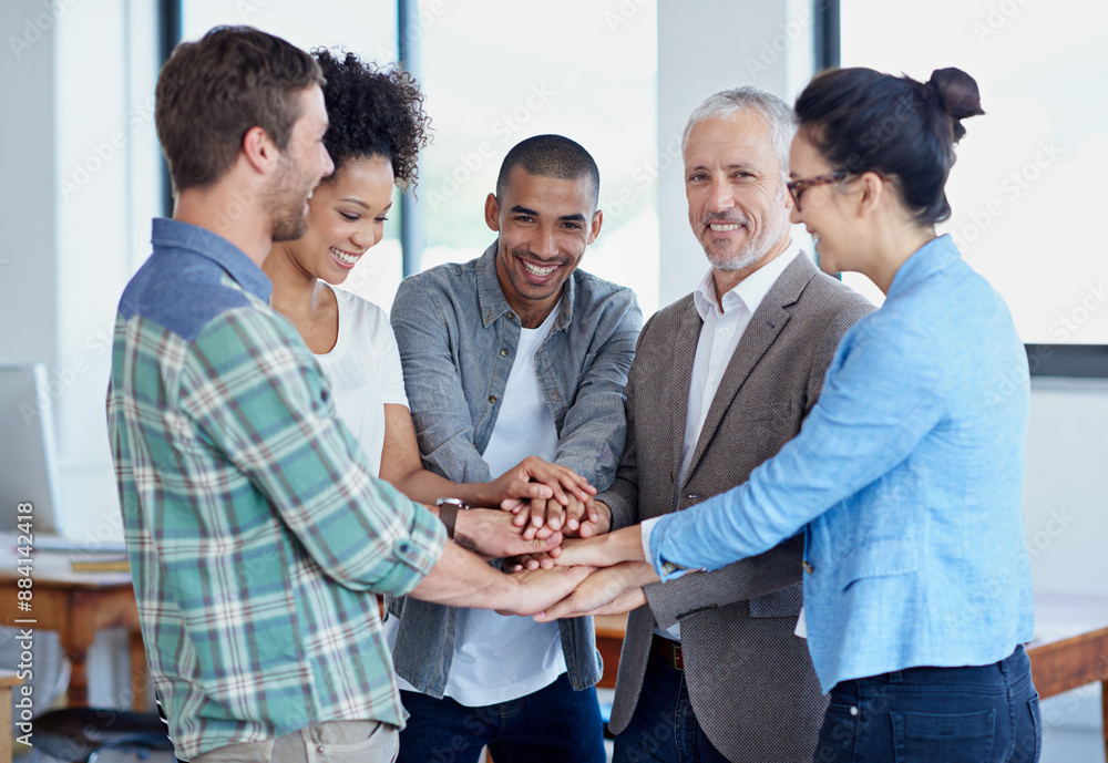 Poster Business, people and hands stack in workplace, success huddle and together for teamwork motivation in creative office. Celebrating, work deal and group target, employees and professional in meeting