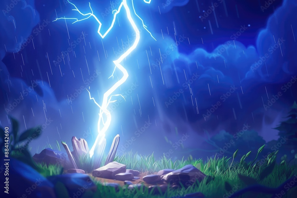 Poster Magical lightning strikes the ground during a stormy night